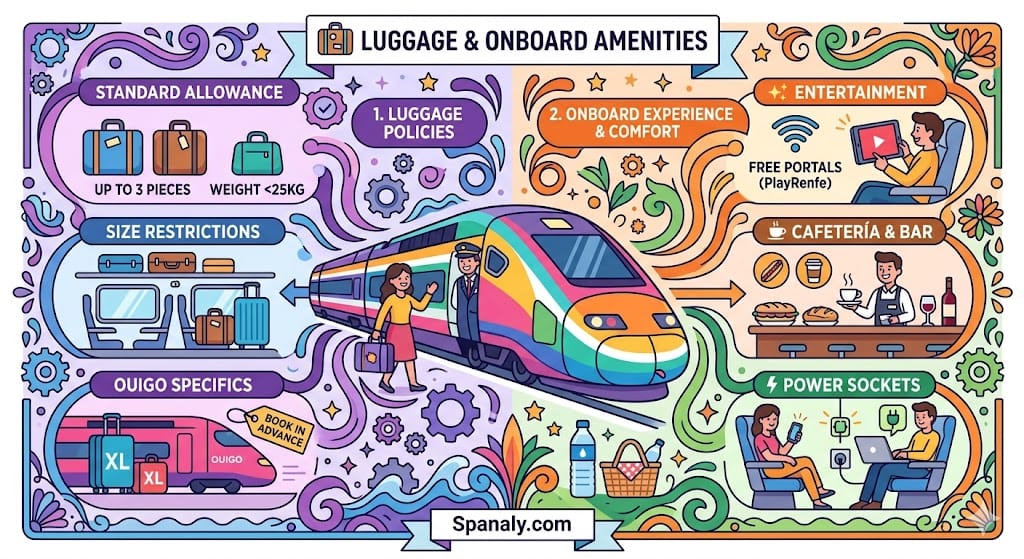A vibrant colorful square infographic by Spanaly explaining Spain high-speed train luggage allowance and onboard amenities, showing two sections: 1. Luggage Policies with standard allowance (up to 3 pieces,