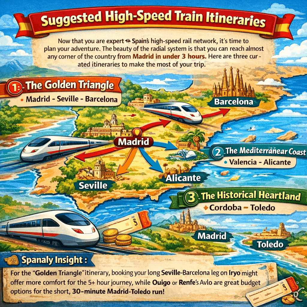 Spain high-speed train routes infographic showing Madrid, Barcelona, and Seville connections with travel tips and popular rail itineraries
