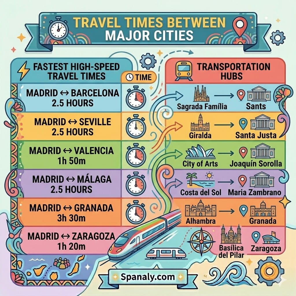 A vibrant colorful square infographic by Spanaly showing a comparison table of travel times for Spain high-speed trains, including Madrid to Barcelona in 2.5 hours, Madrid to Valencia in 1h 50m, Madrid to Seville in 2.5 hours, and routes to Malaga, Granada, and Zaragoza with their respective transportation hubs.