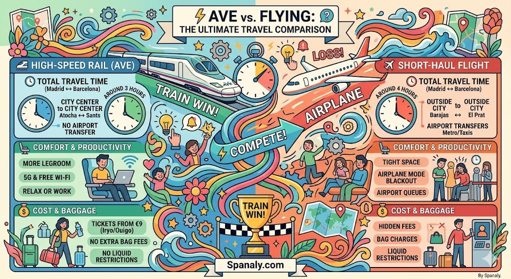 A vibrant colorful square infographic by Spanaly comparing Spain high-speed rail (AVE) vs. flying for the Madrid-Barcelona route. Left (Green): Train wins with 3 hours total travel time, city center access, 5G Wi-Fi, and tickets from €9. Right (Red): Flying takes 4 hours total, includes airport transfers, tight seating, and hidden baggage fees.