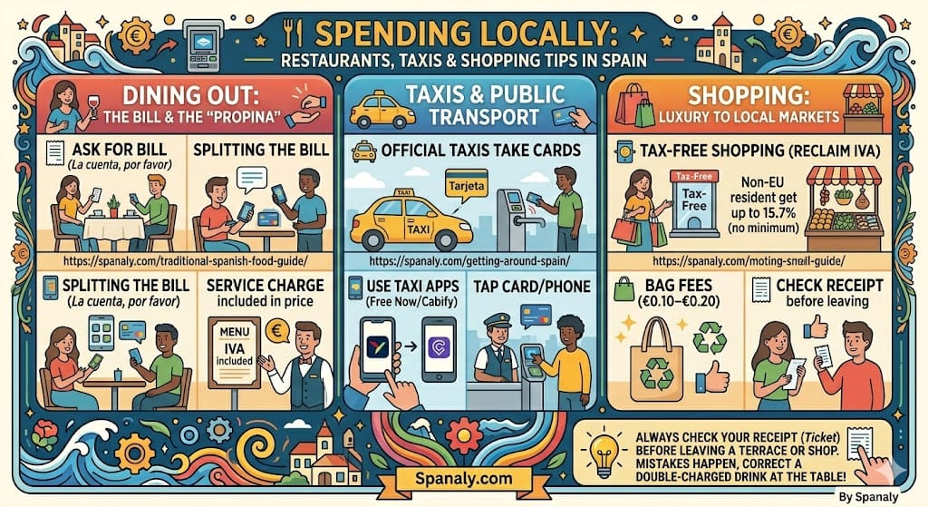 Spanaly guide to spending in Spain 2026. Includes tips on asking for the bill, service charges included in price, and paying for taxis via apps. Highlights tax-free shopping for non-EU residents and bag fees in local markets.
