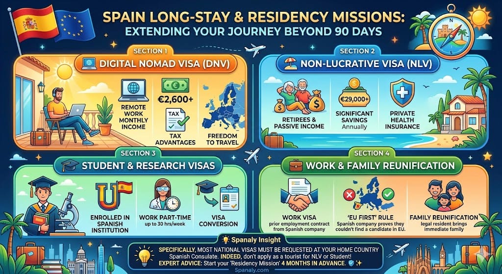 Infographic detailing Spain long-stay and residency visa options, including the Digital Nomad Visa (DNV), Non-Lucrative Visa (NLV), Student Visa, and Work or Family Reunification rules.