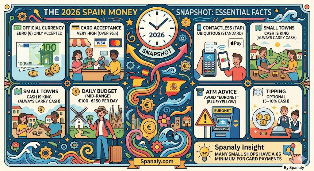 A colorful infographic by Spanaly showing essential money facts for Spain travelers in 2026. It highlights Euro currency, high card acceptance, ubiquitous contactless payments, and a €100-€150 daily budget. Tips include avoiding Euronet ATMs, carrying cash for small towns, and 5-10% optional tipping.