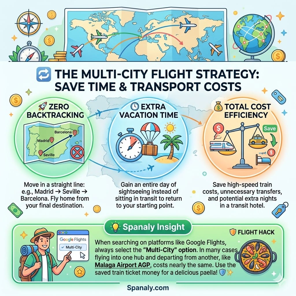 A vibrant 2026 travel infographic guide explaining the multi-city flight strategy for Spain. It features three panels detailing: Zero Backtracking with a Madrid-Seville-Barcelona route, Extra Vacation Time by saving transit days, and Total Cost Efficiency by avoiding train fares. Includes a Spanaly insight for using the Google Flights Multi-City option for destinations like Malaga (AGP).