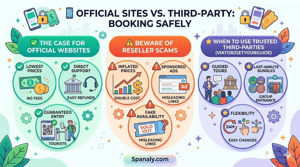 A vibrant colorful infographic by Spanaly comparing official attraction sites versus third-party booking in Spain, with distinct green, red, and purple columns highlighting safety, scams, and authorized operators.