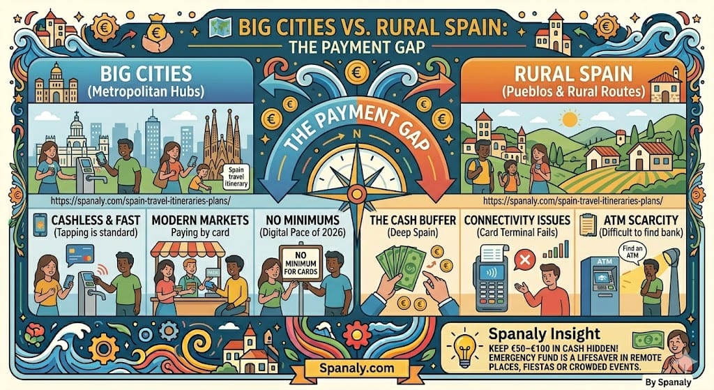 Spanaly infographic comparing payment methods in Spanish cities vs rural areas. Highlights seamless contactless tapping in Madrid and Barcelona hubs, contrasted with the necessity of a cash buffer in small villages due to connectivity issues and ATM scarcity.