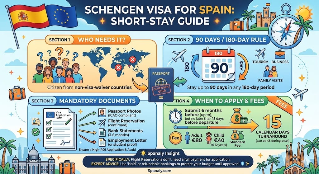 Schengen Visa for Spain infographic detailing short-stay application steps, required documents, 90-day rule, fees, and processing times.