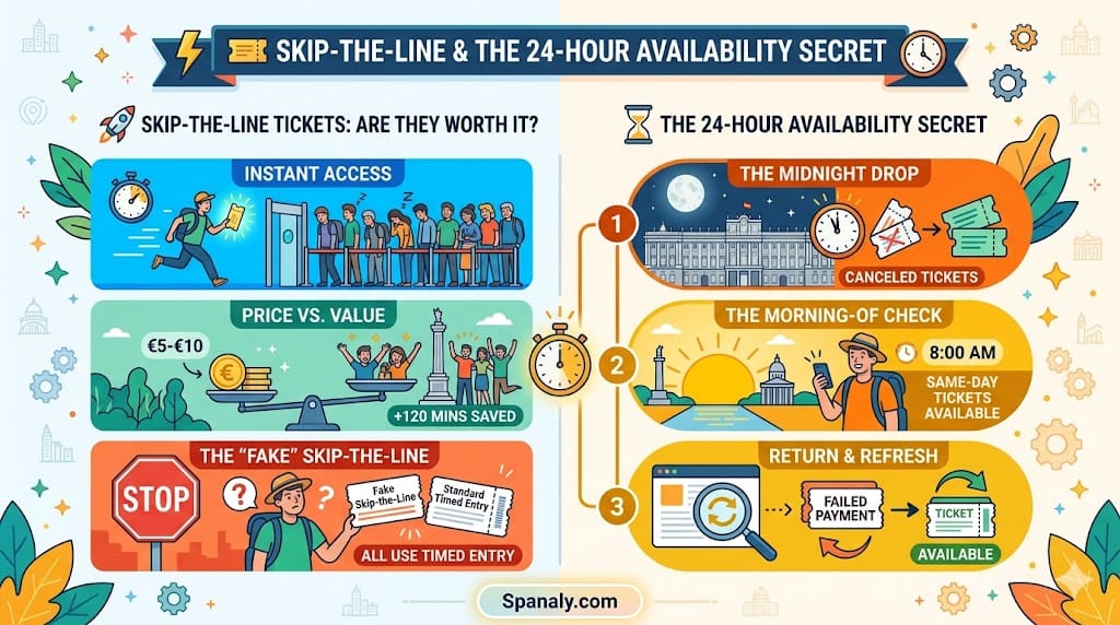 A vibrant colorful infographic by Spanaly explaining Skip-the-Line ticket secrets and the 24-hour availability trick for booking attractions in Spain, featuring expert advice and visual examples to save time and secure entry.
