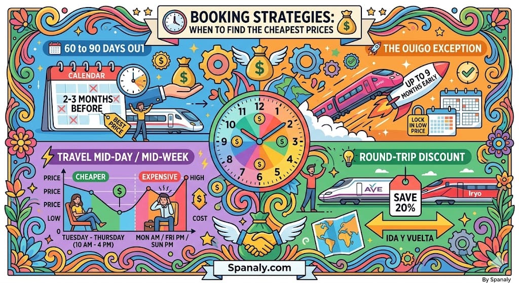 A vibrant colorful square infographic by Spanaly showing 4 booking strategies for Spain high-speed trains: 1. Booking 60-90 days out for best prices; 2. The Ouigo exception (up to 9 months early); 3. Round-trip discount (save 20% on Ida y Vuelta); 4. Traveling mid-day and mid-week (Tuesday to Thursday) for lower costs compared to peak hours.
