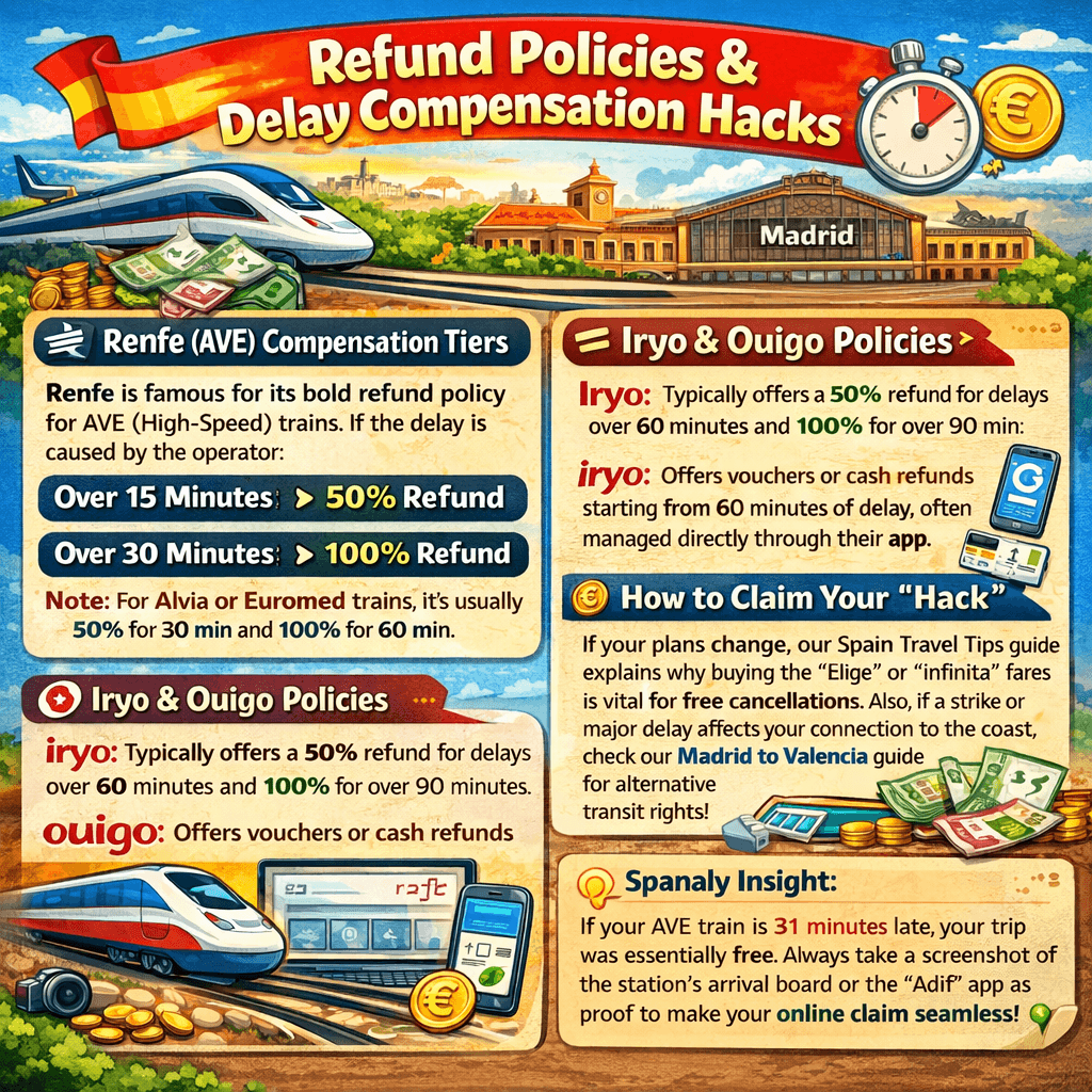 Spain train refund policies infographic showing Renfe AVE delay compensation, Iryo and Ouigo refund rules, and tips for claiming travel refunds in Spain