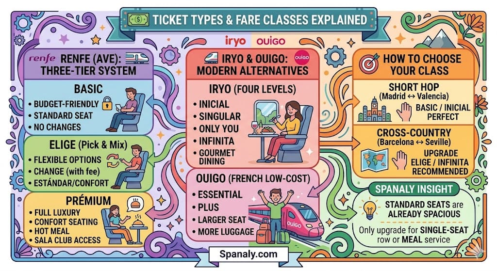 A vibrant colorful square infographic by Spanaly comparing Spain train ticket types and fare classes for 2026. It features Renfe AVE (Basic, Elige, Prémium), Iryo (Inicial, Singular, Only You, Infinita with gourmet dining), and Ouigo (Essential, Plus) with a decision guide for short hops versus cross-country trips.