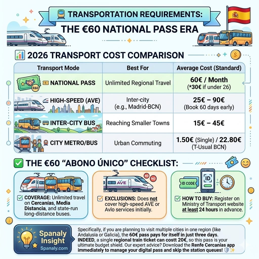 Infographic comparing 2026 Spain transportation costs for different modes like high-speed AVE train, inter-city bus, and the new 60€ Abono Único national pass for unlimited regional travel.