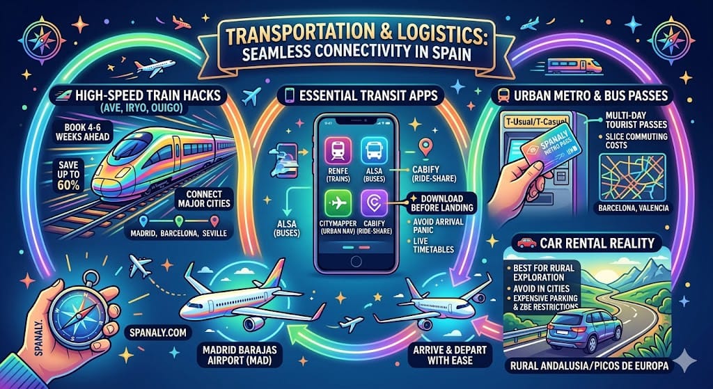 Vibrant infographic checklist for Spain transportation featuring high-speed train hacks for AVE and Iryo, essential transit apps like Renfe and Cabify, urban metro passes, and car rental tips for rural areas by Spanaly.com.