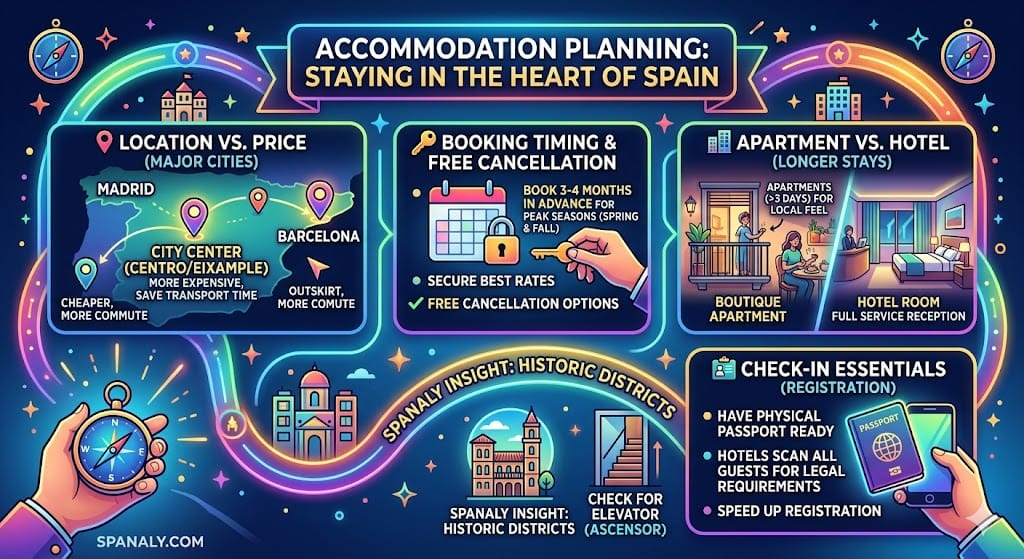 Vibrant infographic checklist for Spain accommodation planning featuring location vs price comparison for Madrid and Barcelona, booking timing for peak seasons, apartment vs hotel stays, and mandatory passport registration rules by Spanaly.com.