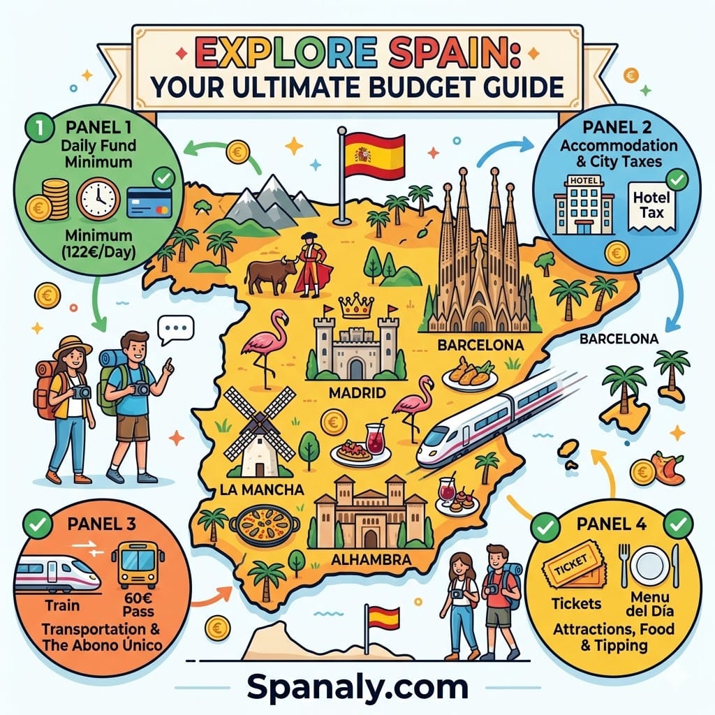 An epic infographic map for 2026 summarizing a Spain travel budget guide. It features a large map of Spain with icons for major landmarks, and four circular panels detailing: Daily Fund Minimum (122€/Day), Accommodation, Transportation (Abono Único), and Attractions.