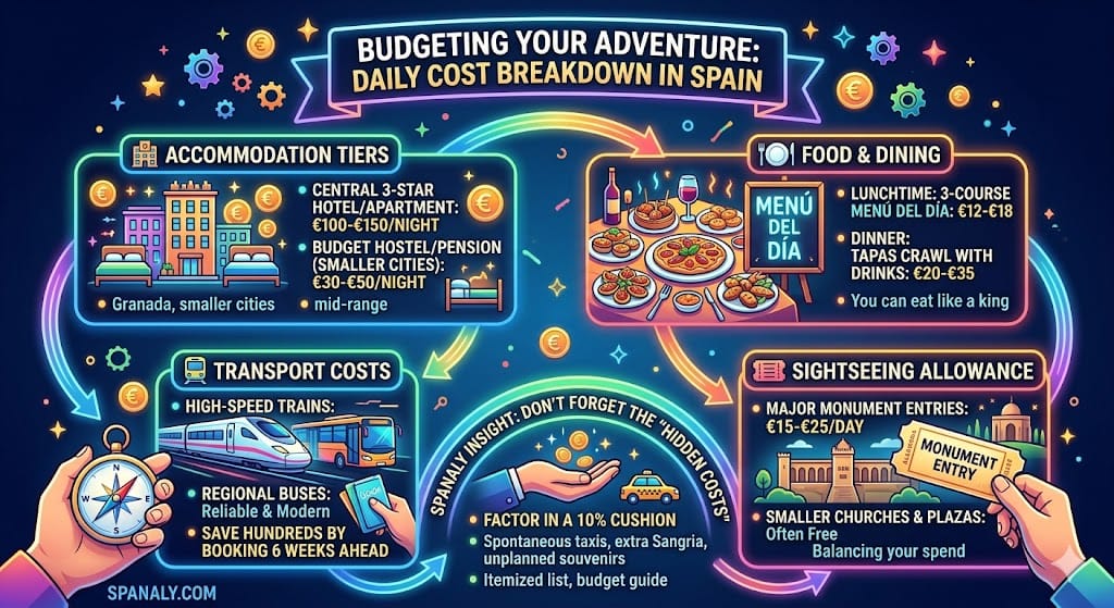 Vibrant infographic checklist detailing the daily cost breakdown for traveling in Spain, covering mid-range and budget accommodation tiers, "Menú del Día" and tapas dining costs, train versus bus transport expenses, and sightseeing allowances by Spanaly.com.