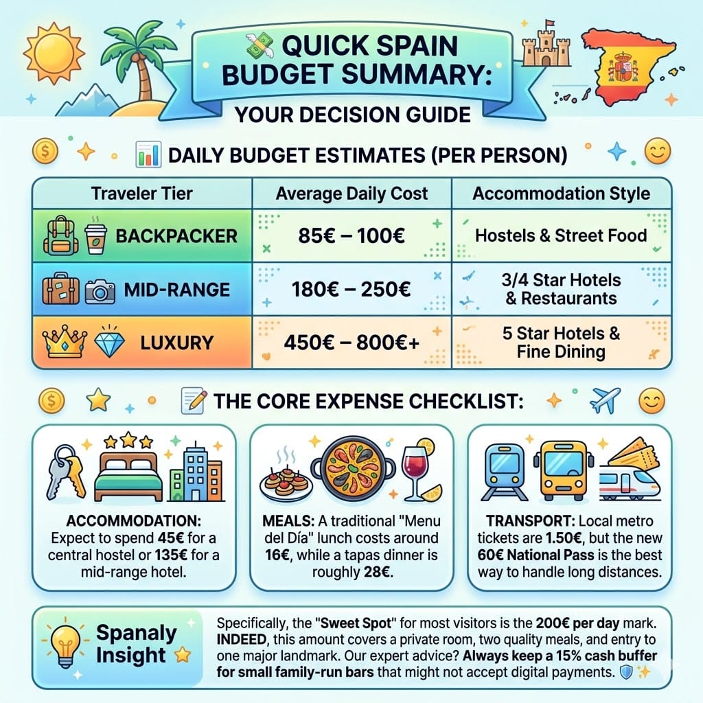 Infographic summarizing daily Spain travel budget categories for backpackers, mid-range, and luxury travelers, including costs for accommodation, meals, and the 60€ national transport pass.