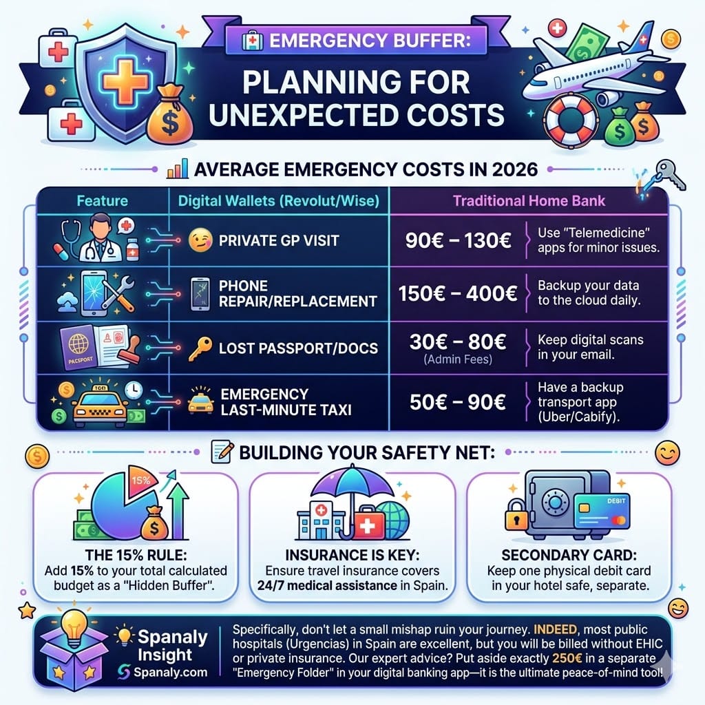 A modern infographic for 2026 detailing Spain travel emergency costs, comparing average expenses for private GP visits, phone repairs, lost passports, and emergency taxis. It illustrates a 'Building Your Safety Net' strategy with the 15% rule, insurance, and a secondary card.