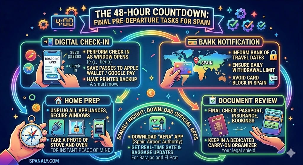 Vibrant infographic checklist for the final 48 hours before traveling to Spain, covering airline digital check-in, bank travel notifications, home preparation like unplugging appliances, and a final document review by Spanaly.com.