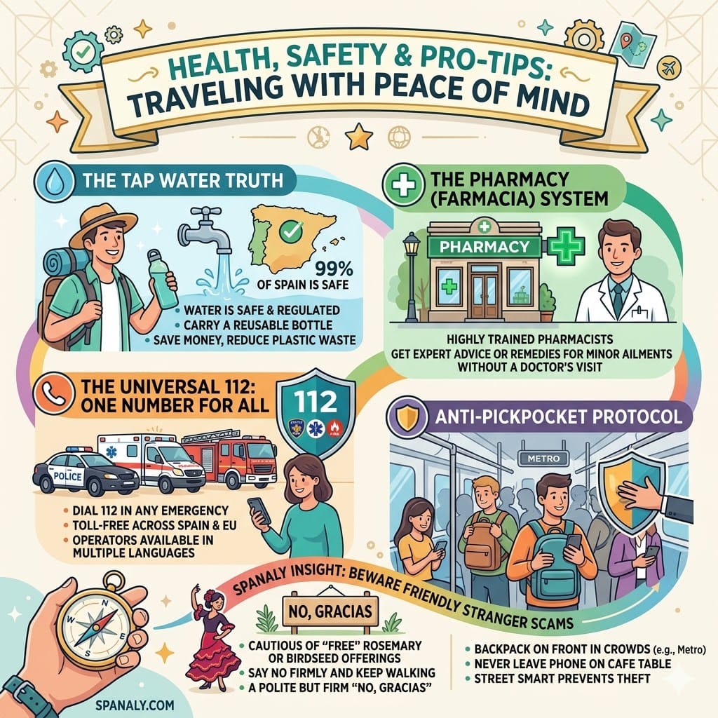 A vibrant, modern infographic guide detailing Spain travel health and safety tips on a light background. Sections include: 'The Tap Water Truth' about safe drinking water and reusable bottles; 'The Pharmacy (Farmacia) System' highlighting expert advice and the green cross; 'The Universal 112' for emergency services; and 'Anti-Pickpocket Protocol' with advice on wearing backpacks on the front in crowds. By Spanaly.com.