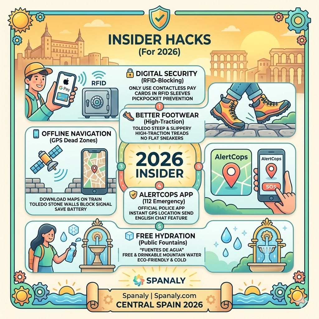 A bright 2026 travel infographic showing insider hacks for Central Spain, including digital security (RFID), high-traction footwear for Toledo, the AlertCops app, offline maps, and public water fountains by Spanaly.com.