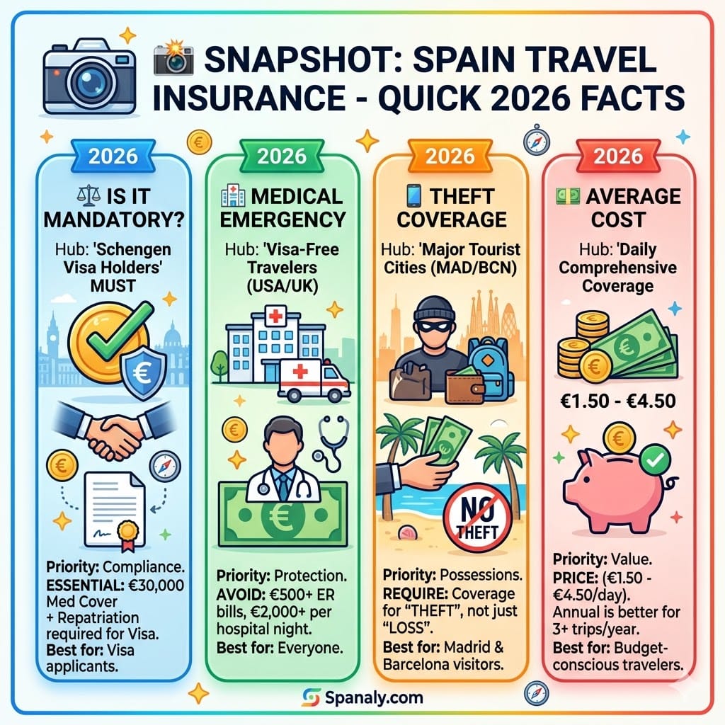 A professional 2026 travel infographic guide titled 'SNAPSHOT: SPAIN TRAVEL INSURANCE - QUICK 2026 FACTS'. It features four colorful panels detailing: Mandatory status for Schengen Visa holders, Medical Emergency coverage for USA/UK travelers, Theft Coverage for major hubs like Madrid and Barcelona, and Average Daily Costs. Includes the Spanaly.com branding at the bottom.