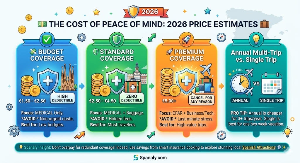 2026 Spain travel insurance price guide infographic showing daily costs: Budget (€1.50-€2.50), Standard (€2.50-€4.50), and Premium (€5.00+). Includes a comparison between Annual Multi-Trip and Single Trip policies with a 'Pro Tip' for savings.