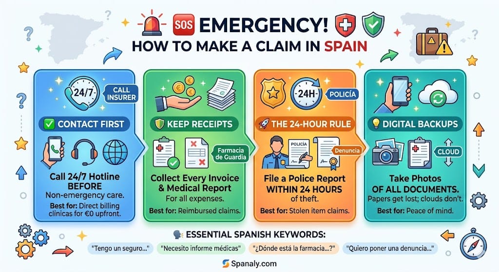 2026 Spain travel insurance infographic guide titled '🆘 EMERGENCY! HOW TO MAKE A CLAIM IN SPAIN'. It presents a clear four-step process with small icons: 1. Contact Insurer First (Hotline), 2. Keep Receipts (Medical & Invoice), 3. File Police Report (Denuncia) within 24 hours of theft, 4. Digital Backups. Includes 'Essential Spanish Keywords'. The Spanaly.com branding is visible.