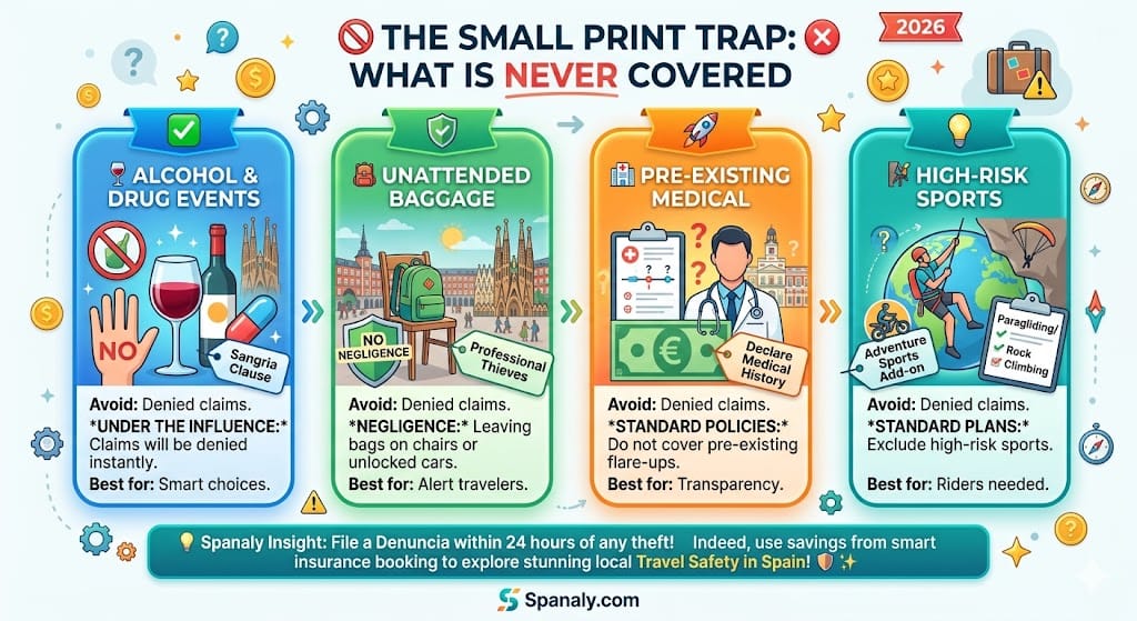 2026 Spain travel insurance infographic guide titled 'THE SMALL PRINT TRAP: WHAT IS NEVER COVERED'. It illustrates four major common exclusions: Alcohol & drug events ('Sangria Clause'), Unattended Baggage (considered negligence), Pre-existing Medical flare-ups without waivers, and High-Risk Adventure Sports. Includes a 'Spanaly Insight' on filing a police 'Denuncia'.