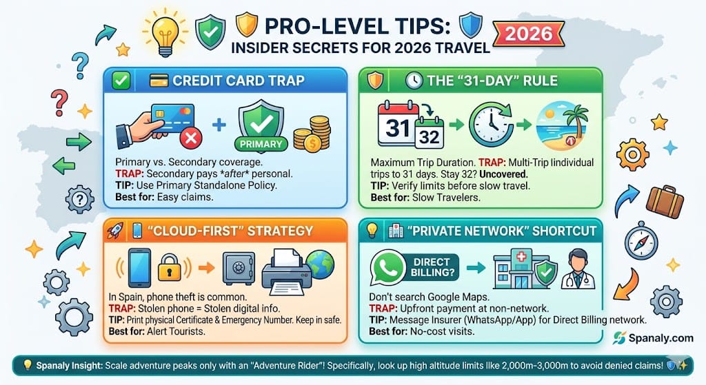 2026 Spain travel insurance infographic titled '💡 PRO-LEVEL TIPS: INSIDER SECRETS FOR 2026 TRAVEL'. It visually explains four professional tactics: 1. Credit Card Trap (Primary vs. Secondary coverage), 2. The '31-Day' Rule for Annual Policies, 3. 'Cloud-First' Strategy (printing physical copies), and 4. 'Private Network' Shortcut (contacting insurer for Direct Billing). Includes a 'Spanaly Insight' on altitude limits for high adventure sports. The Spanaly.com branding is visible.