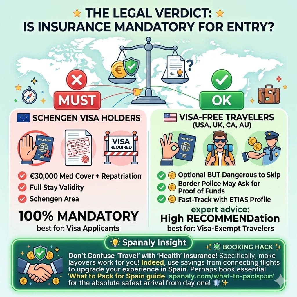2026 Spain Travel Insurance Guide: Mandatory vs Recommended coverage for Schengen Visa and Visa-Free travelers infographic.