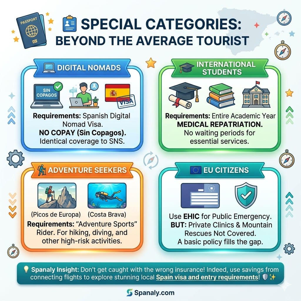 2026 Spain travel insurance infographic titled '🛂 SPECIAL CATEGORIES: BEYOND THE AVERAGE TOURIST'. It visually highlights specific insurance needs for: DIGITAL NOMADS (Spanish Visa, No Copay), INTERNATIONAL STUDENTS (Medical Repatriation, No Waiting Periods), ADVENTURE SEEKERS (rider for Picos de Europa hiking or diving), and EU CITIZENS (EHIC coverage vs. Private Clinics gap). Spanaly.com branding is visible.