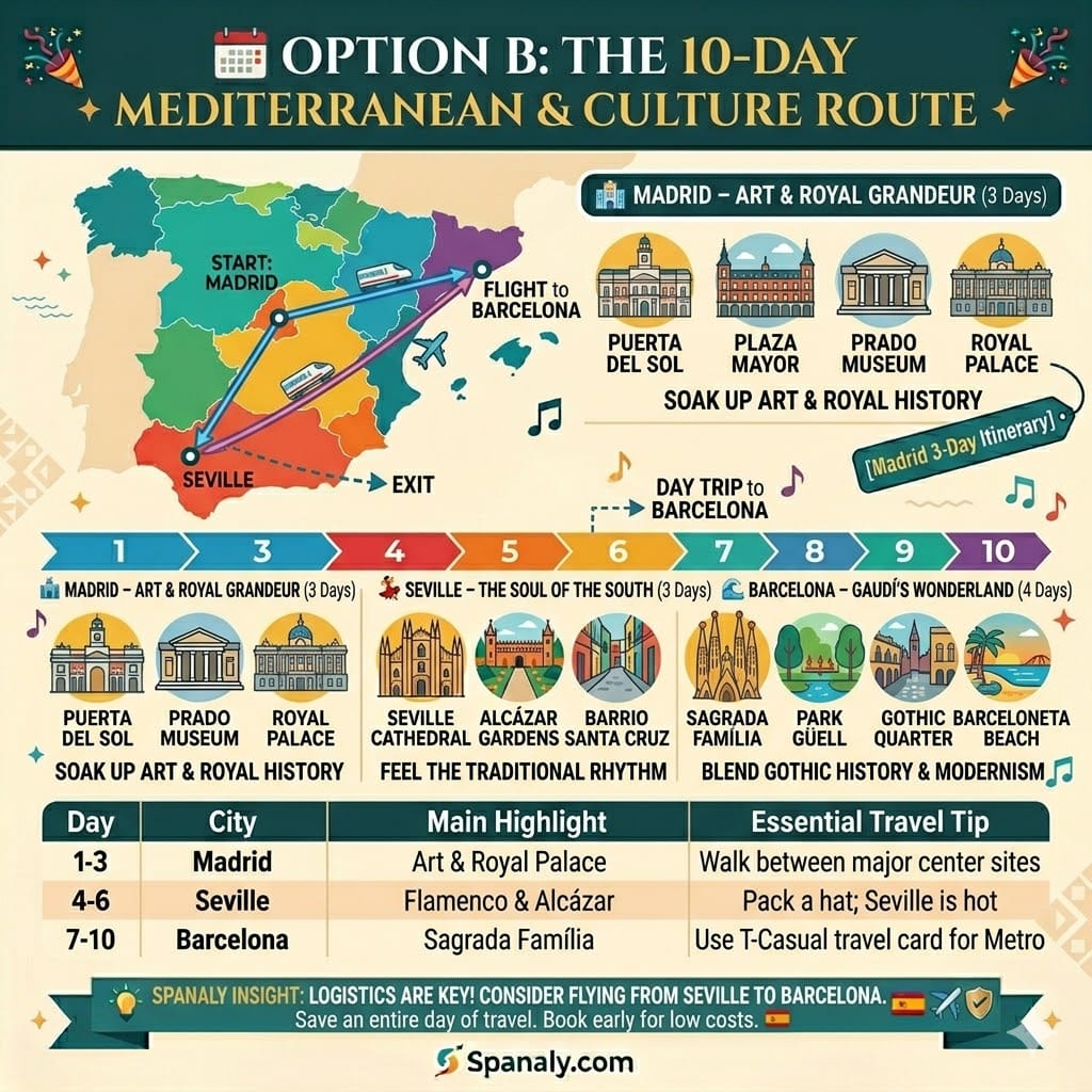 Vibrant infographic timeline and route map illustrating the 10-Day Spain Travel Itinerary covering Madrid, Seville, and Barcelona. Includes icons for major attractions and logistics tips by Spanaly.com.
