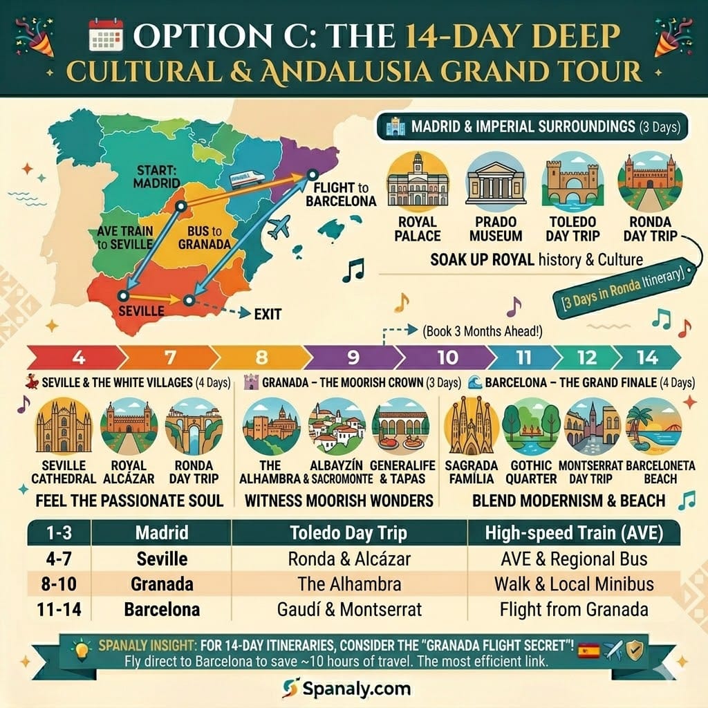 Vibrant infographic timeline and route map illustrating the 14-Day Spain Travel Itinerary covering Madrid, Seville, Granada, and Barcelona. Features icons for top attractions and efficient travel modes by Spanaly.com.