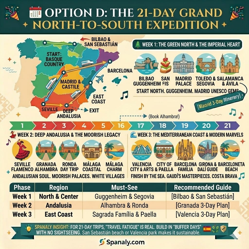 Vibrant infographic timeline and route map illustrating a 21-day Spain Travel Itinerary from the Basque Country to Andalusia and the Mediterranean coast. Features top attractions and logistics tips by Spanaly.com.