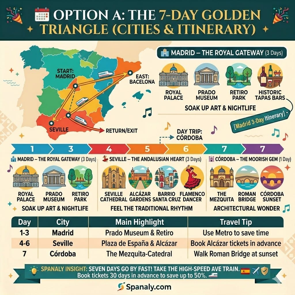Vibrant infographic timeline and route map illustrating 'Option A: The 7-Day Golden Triangle' (Madrid, Seville, Córdoba) Spain Travel Itinerary. Includes key icons, daily highlights, and efficient travel tips by Spanaly.com.