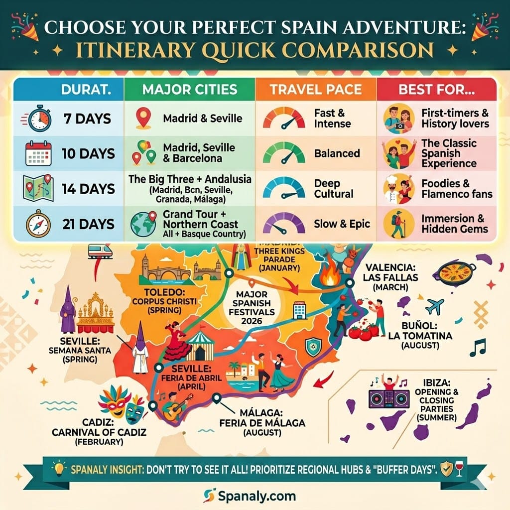 Vibrant infographic table comparing 7, 10, 14, and 21-day Spain Travel Itineraries. Features comparison of major cities, travel pace, and traveler profiles by Spanaly.com.