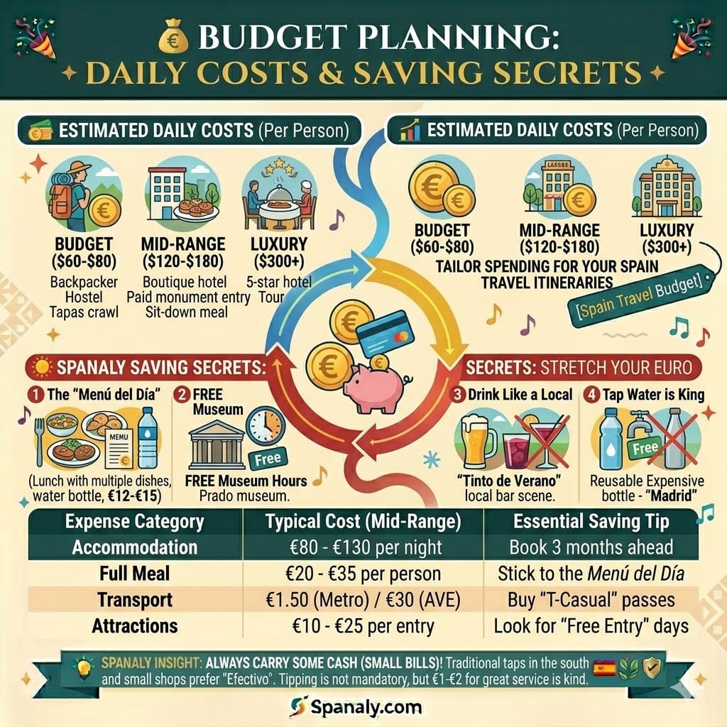 Vibrant infographic illustrating Spain Travel Budget and daily costs for different traveler tiers. Features saving secrets like the Menú del Día, free museum hours, and local tipping etiquette by Spanaly.com.