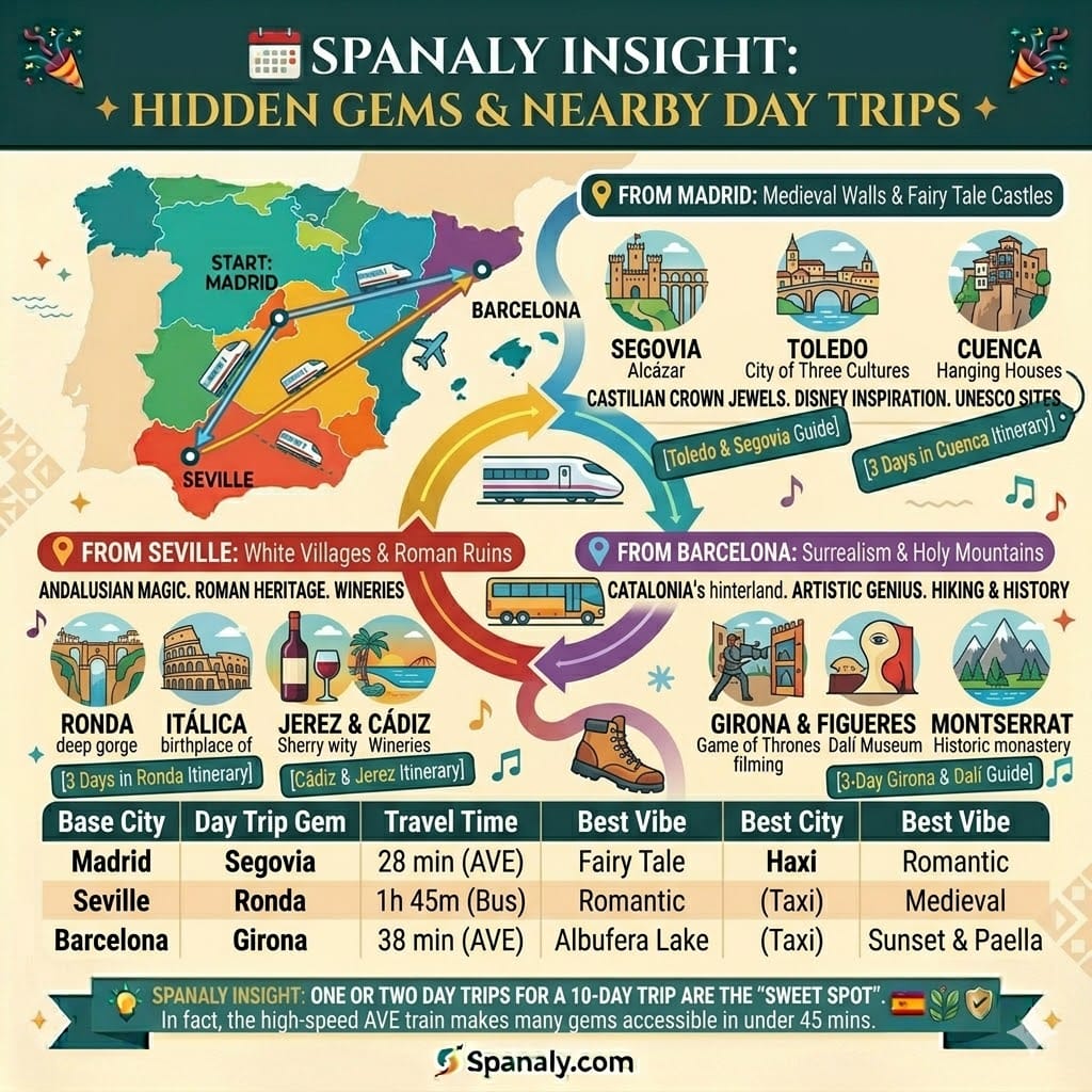 Vibrant infographic timeline and route map guide illustrating Spain Hidden Gems and Nearby Day Trips from Madrid, Seville, and Barcelona. Features key icons, optimal travel modes, and recommended guides for Segovia, Toledo, Ronda, Girona, Montserrat, and more by Spanaly.com.