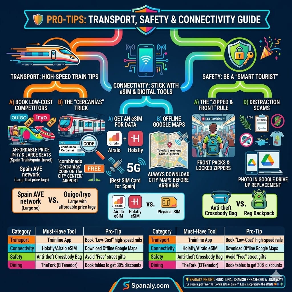 Vibrant colorful dynamic infographic showcasing Spain Pro-Tips for travel. Features smart high-speed train booking, free Cercanías trick, eSIM connectivity advice, offline maps, anti-theft rules, distraction scams to avoid, and essential digital tools by Spanaly.com.