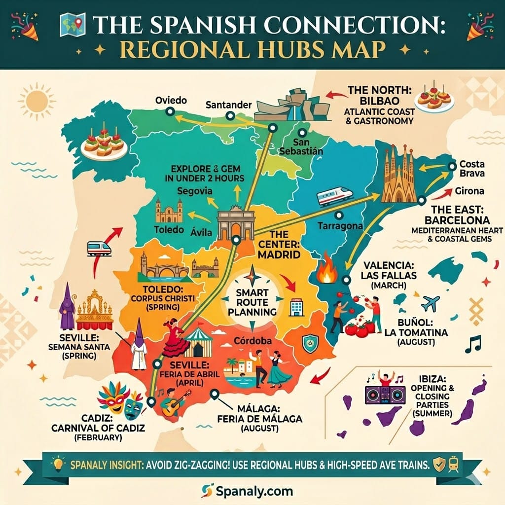 Vibrant infographic map of Spain showing regional hubs Madrid, Barcelona, Seville, and Bilbao connected by high-speed trains. Essential route planning guide by Spanaly.com.