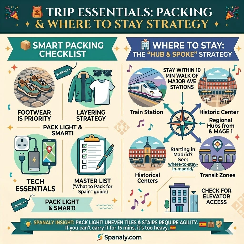 Vibrant infographic comparing 'Smart Packing Checklist' and 'Strategic Where to Stay' for Spain Travel Itineraries. Features key icons for footwear, tech, layering, and station proximity by Spanaly.com.