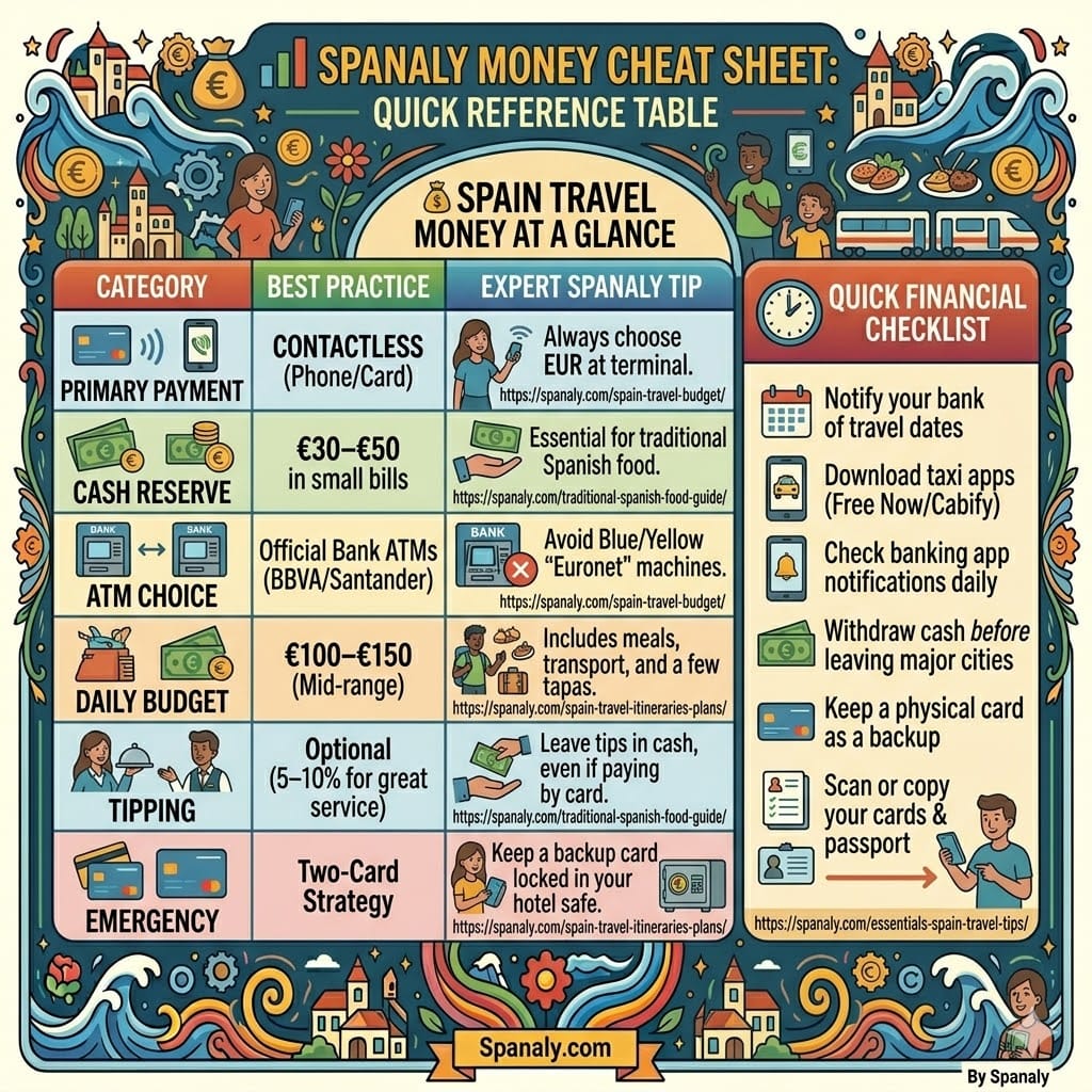 Spanaly money cheat sheet for Spain travel in 2026. A quick reference table summarizing best practices for primary payments, cash reserves, ATM choices, daily budget, tipping etiquette, and emergency card strategies. Perfect for a fast financial overview.
