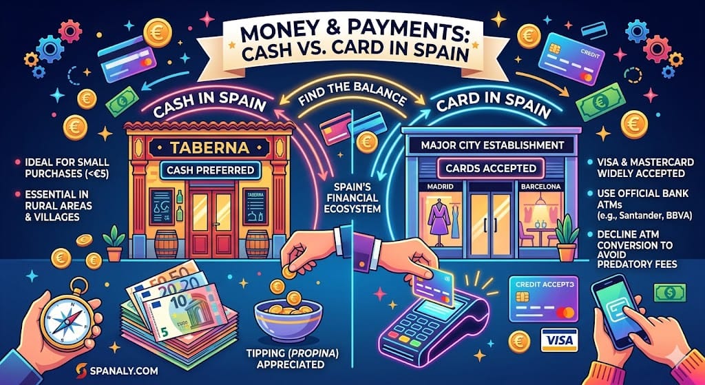 Vibrant infographic checklist comparing cash vs card payments in Spain, highlighting card acceptance in cities like Madrid, ATM strategies for Santander and BBVA, the 50 Euro rural cash rule, and Propina tipping etiquette by Spanaly.com.