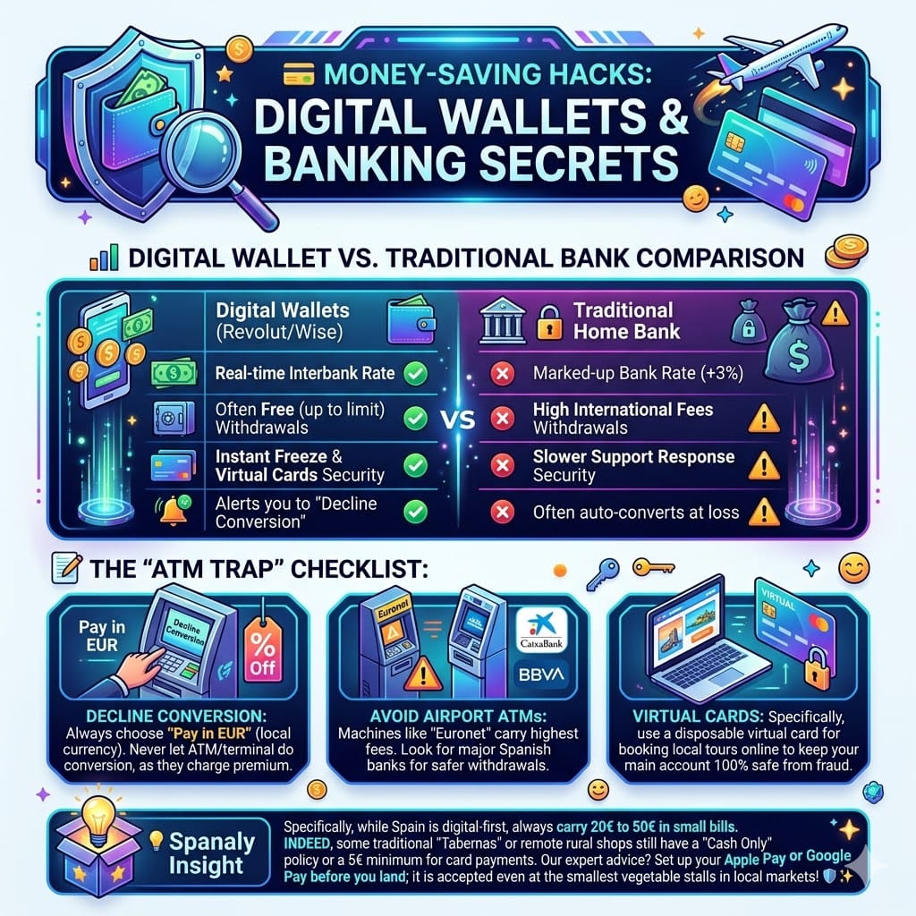 A modern infographic in 2026 comparing traditional banks and digital wallets like Revolut and Wise for Spain travel. It details an "ATM Trap Checklist," advising travelers to decline conversion, use major Spanish banks, and employ virtual cards to save on currency fees.