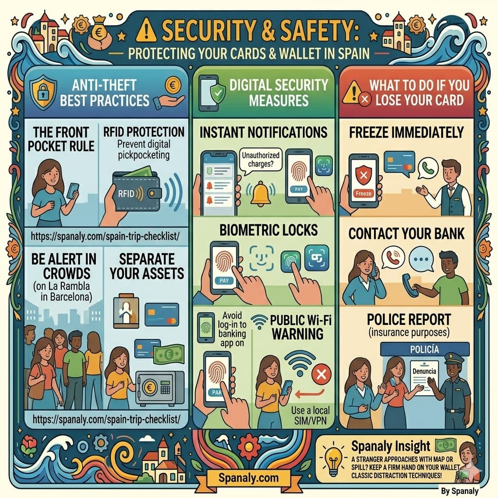 Spanaly guide to money safety in Spain. Includes anti-theft tips like the front pocket rule, RFID protection, and avoiding distractions on La Rambla. Highlights digital security with biometric locks and a 3-step guide on what to do if you lose your card.