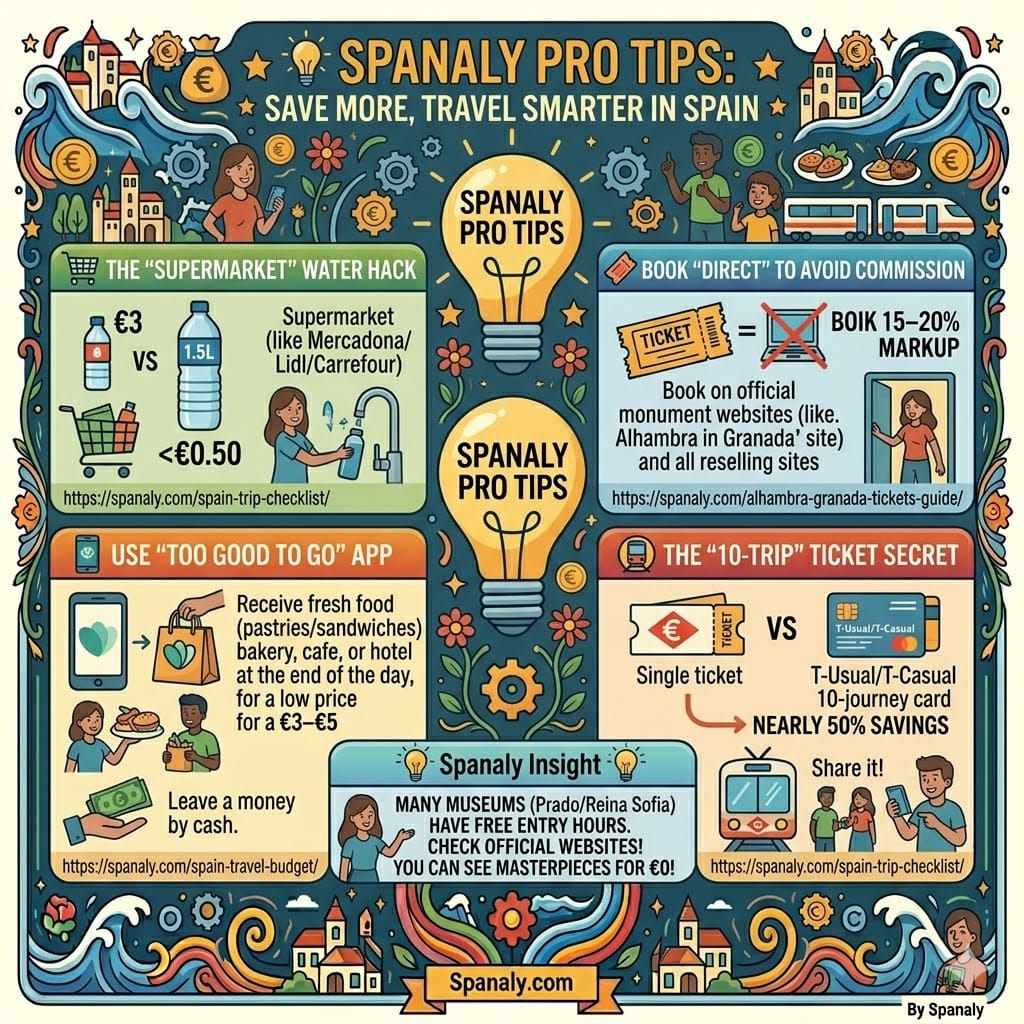 Spanaly Pro Tips for saving money in Spain. Expert hacks on supermarket water prices, booking monuments direct, Too Good To Go food app, and 10-trip metro ticket savings. Essential travel budget guide.