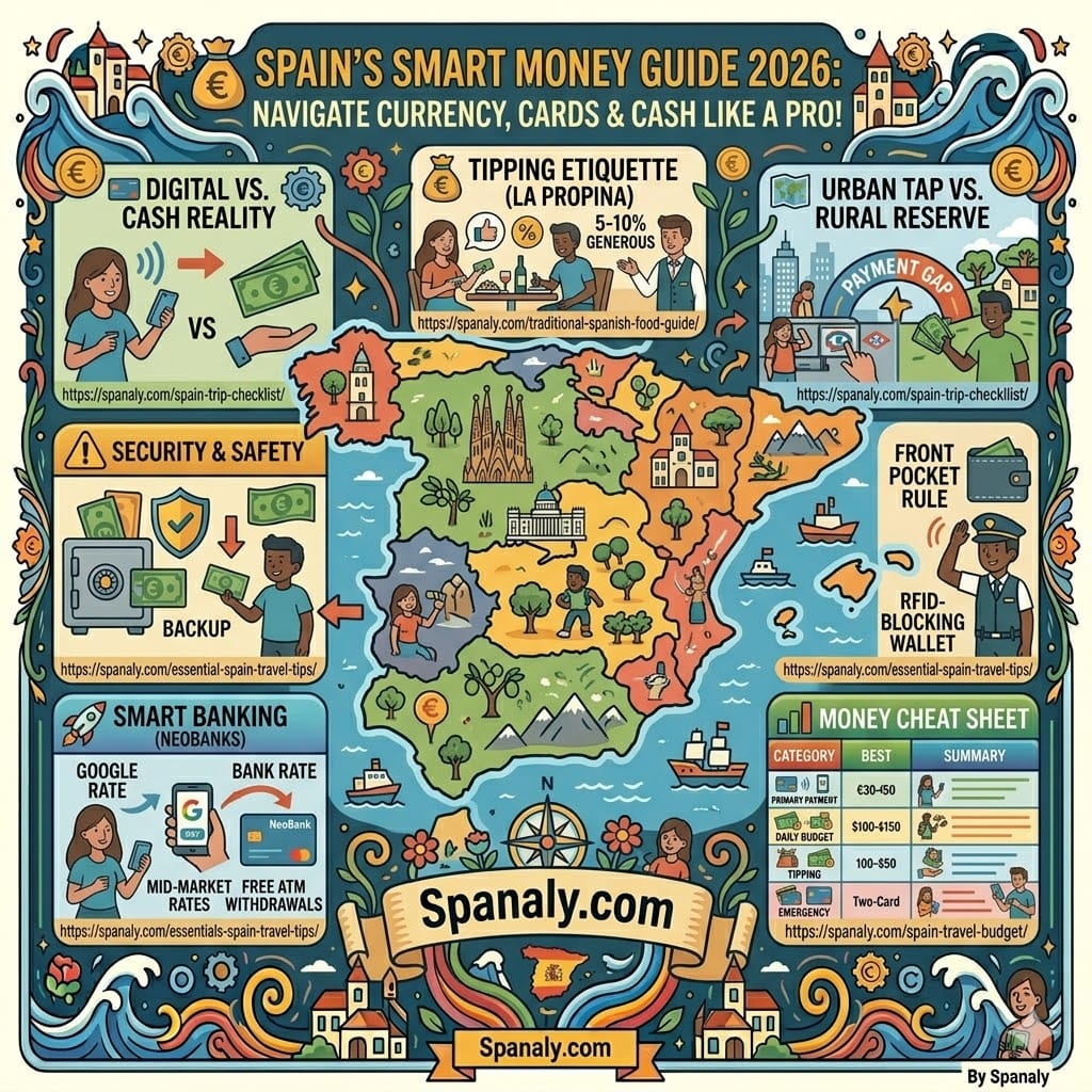 Spanaly 2026 featured image for Spain's Smart Money Guide. An epic infographic map detailing currency, cards, and cash like a pro. Covers digital payments, tipping, urban vs rural payment gaps, security, smart neobanking, and a money cheat sheet. Perfect for a complete financial overview.