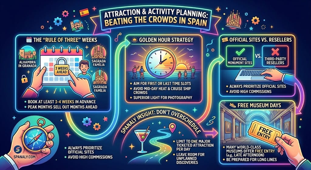 Vibrant infographic checklist for Spain attraction planning featuring the 3-week booking rule for Alhambra and Sagrada Familia, golden hour strategies, avoiding reseller commissions, and Prado museum free entry tips by Spanaly.com.