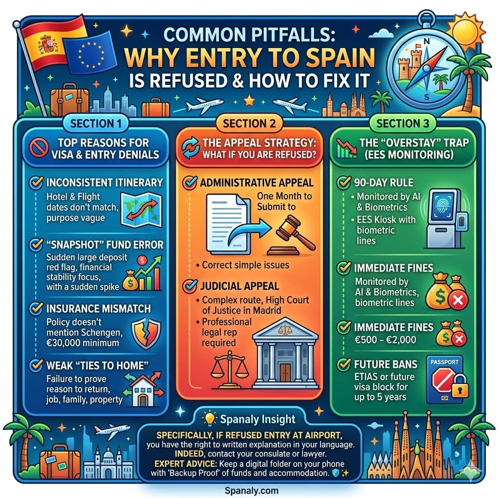 Infographic detailing common pitfalls for Spain visa and entry refusals, including inconsistent itineraries, financial stability proof, insurance issues, and the EES overstay AI monitoring.